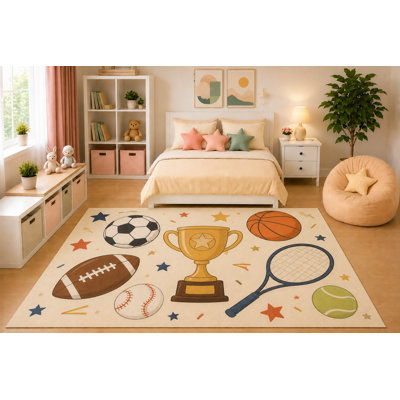 Tapis ultra-léger 152 x 213 cm pour chambre d'enfant, idéal pour les trophées et l'équipement sportif (soccer, basketball, baseball, tennis, football américain). Dos antidérapant en silicone. Poils courts.