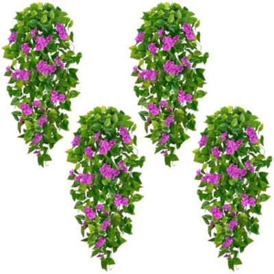 Artificial Hanging Flowers For Outdoors, 4Pcs Fake Hanging Plants Pothos Vines With Purple Flowers For Wall Home Living Room Indoor Outdoor Decor (No Baskets)