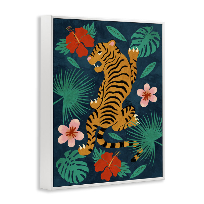  «Tiger Climbing» par Carrie Cantwell, H 14 po x l 11 po, Estampe numérique encadrée blanc bord de mer