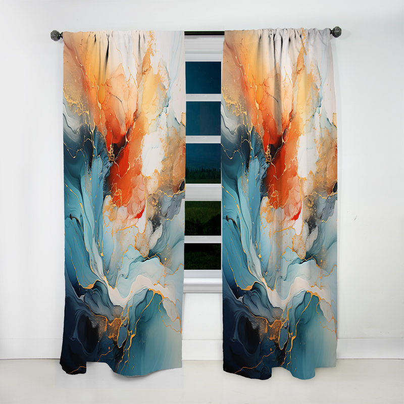 Teal Orange Bold Abstract Flow Collage II - Modern Curtain - Velvet Room Darkening - 1 Panel, 52" W x 63" L