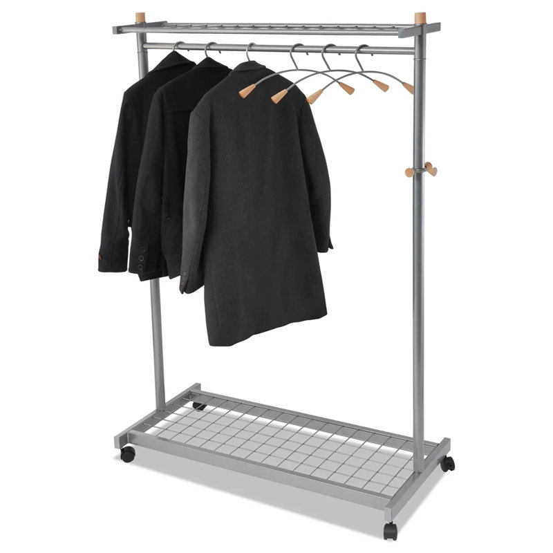 70.9'' Silver and Wood Mobile Coat Rack with Shelves