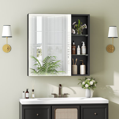 Bathroom Mirror Cabinet,Recessed & Surface Framed 1 Door Medicine Cabinet with Mirror and Shelves
