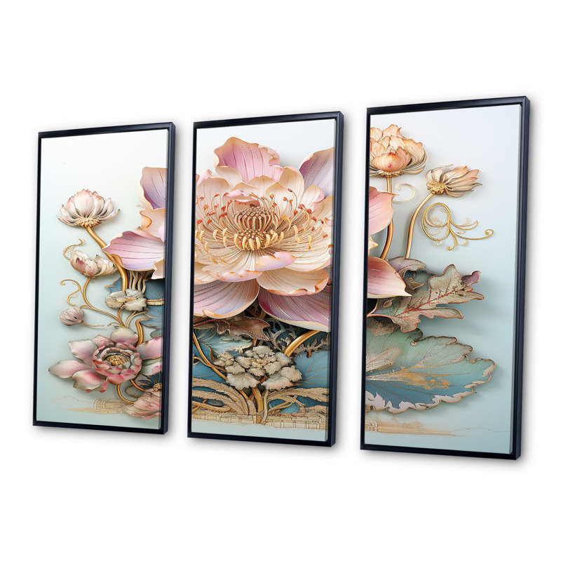 Kean - lot de lotus d'art mural, Cadre flottant noir, H 32 po x l 48 po x P 1 po