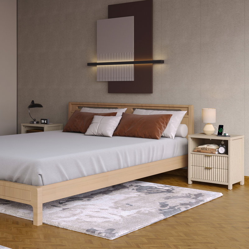 Table de chevet moderne de 19,7 po de largeur avec station de charge, Natural