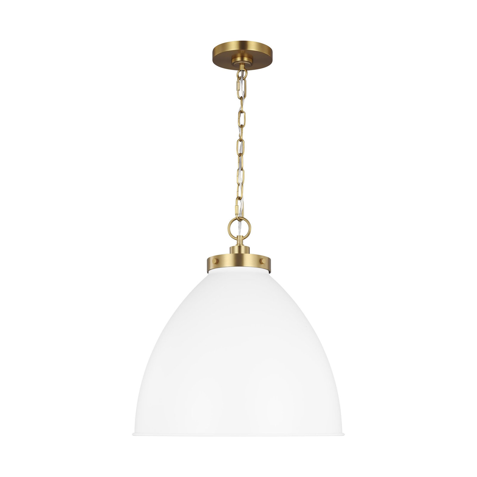 Single Light Metal Dimmable Pendant, Burnished Brass, Matte White, 19.5" H x 17.5" W x 17.5" D