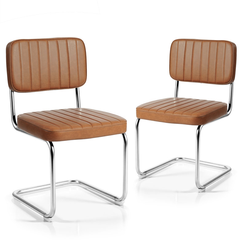 Faux Leather Dining Chairs Set of 2, Mid-Century Modern Upholstered Armless Chairs with Metal Legs for Home Kitchen Dining Room, Brown