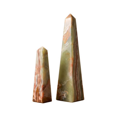 Natural Onyx Obelisk Sculpture, Handcrafted Multicolor Stone Decorative Object, Geometric Tabletop Accent for Shelf, Mantel, Office & Home Décor, Bundle of 2 (Short & Tall)