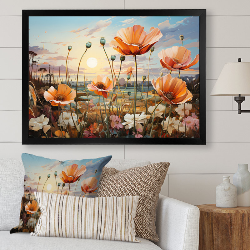 «Peach Sunkissed Petals Wildflowers III», reproduction d'art sur toile, H 30 po x l 40 po x P 1,5 po, Cadre simple noir