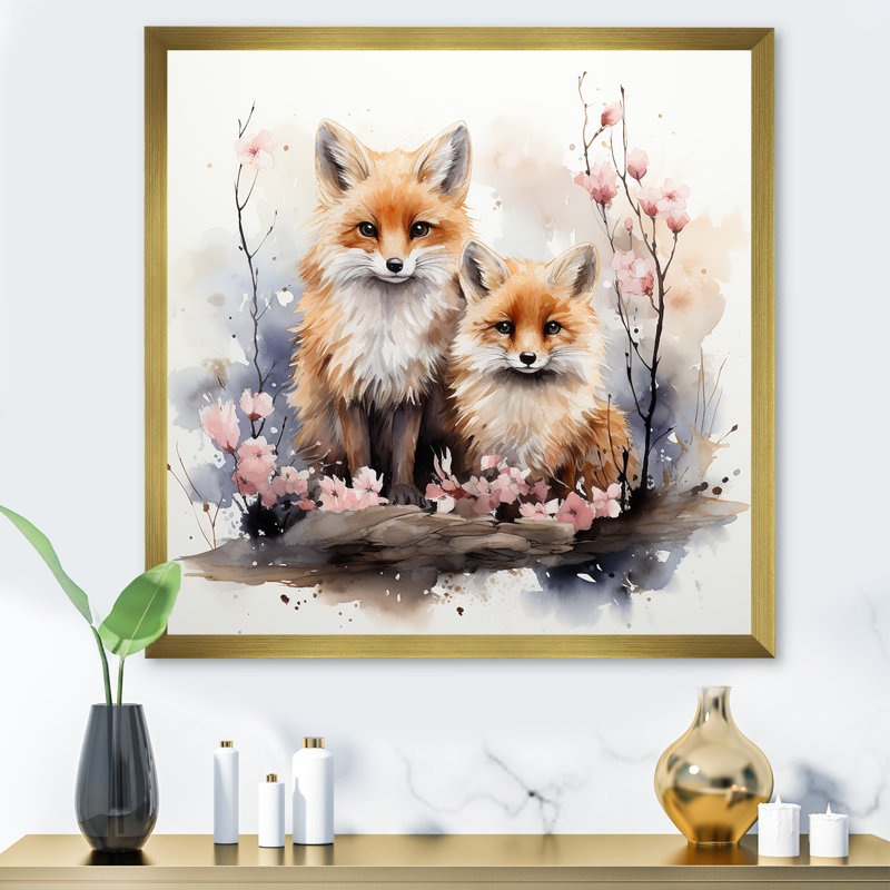 Foxs Elegant Forest Florals Grace IV - Renard, art mural animal, Encadrement doré, H 36 po x l 36 po x P 1,5 po