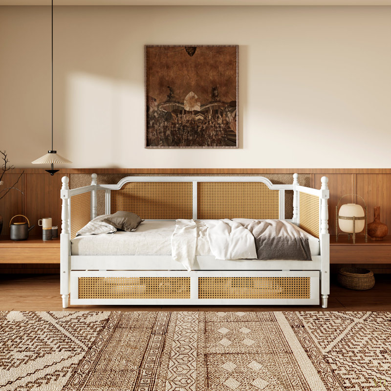 Traditional Style Rattan Twin Size Daybed With 2 Drawers For Limited Space, Guest Room, No Box Spring Needed