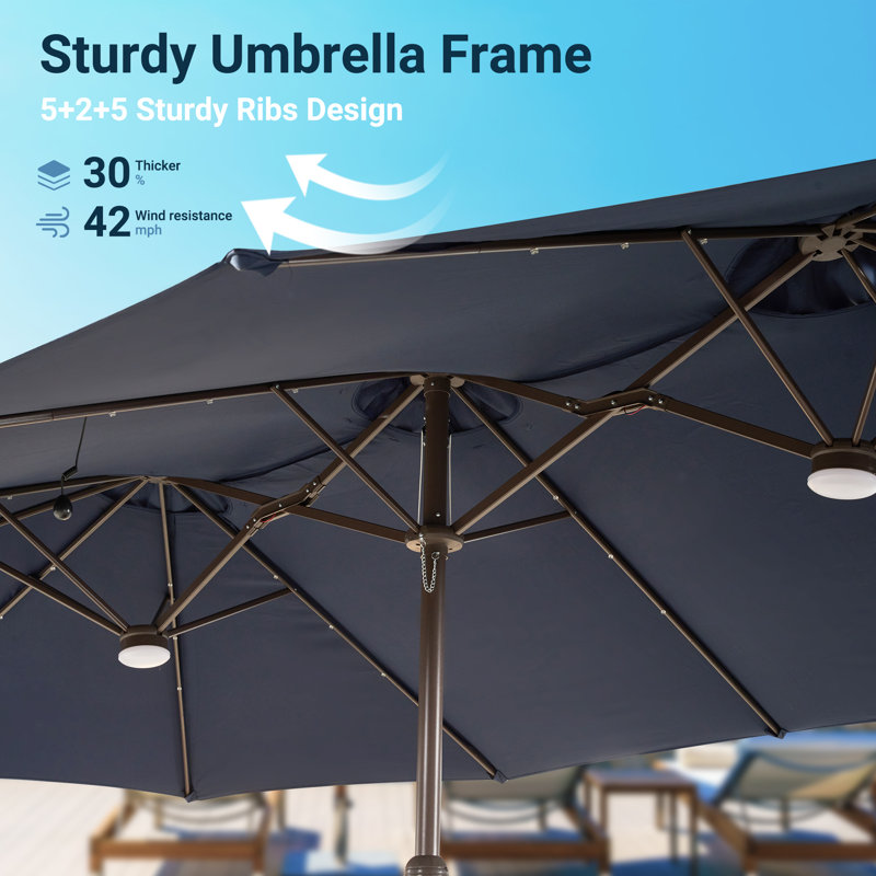 14.5 Ft X 8.5 Ft Rectangular Lighted Market Umbrella With Base, Bleu