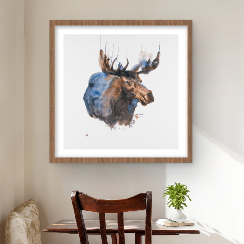 «Abstract Blue Moose - Rustic Wildlife», reproduction encadrée