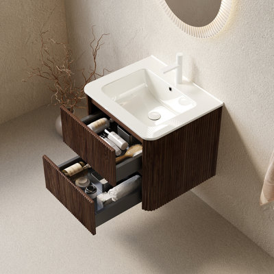 Meuble-lavabo 24 po avec lavabo et 2 tiroirs, lavabo flottant en céramique blanc brillant, finition noyer rétro, design flottant esthétique, style moderne