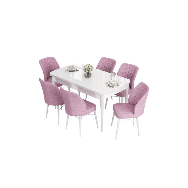 Ensemble de table et chaises de salle à manger extensible Modern (7 pièces), blanc et rose | 100% panneau de fibres à densité moyenne avec pieds en bois et structure en métal | Dimensions de la table: 51,9 po x 31,5 po x 30,7 po (extension: 66,9 po) | Siège confortable en mousse, parfait pour les réunions de famille