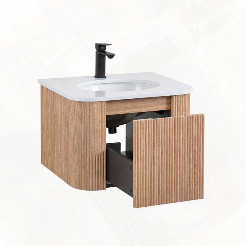 Meuble-lavabo mural moderne avec lavabo à conception incurvée et tiroir à fermeture en douceur, 24"