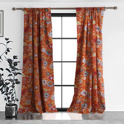 Izaic Paris 4 Piece Floral Print Fabric Curtain Panel with Ties, Orange