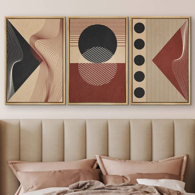 " Geometric Art Deco Black Red Polygon Collage Nature Abstract Modern Art Boho Decor " 3 - Pieces, Naturel