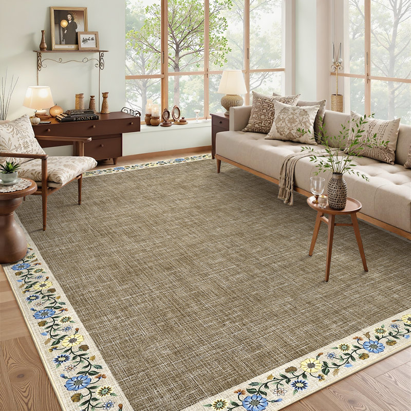 Washable Living Room Rug Floral Bordered Area Rugs Soft Thin Indoor Carpet for Bedroom Modern Throw Aesthetic Mat Non Slip Stain Resistant Carpet for Dining Room Office