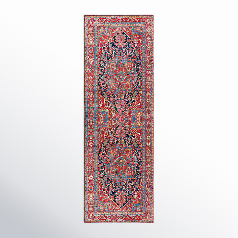 Fleckenstein Oriental Dark Blue/Burgundy/Cream Area Rug, Runner 2'6" x 7'6"