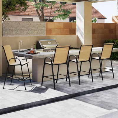 4 tabourets de bar extérieurs de 29 po en tissu avec accoudoirs et repose-pieds beige