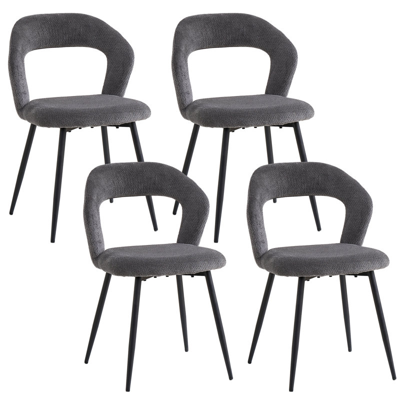 49cm H Linen Fabric Dining Chair, Open Cutout Backrest Upholstered Chair with Black Metal Leg, Dark gray, Dark gray