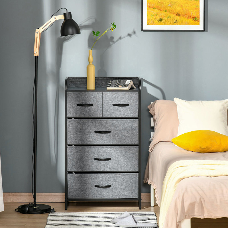Commode à 5 tiroirs, commode en tissu, rangement à 4 niveaux pour vestibule de chambre à coucher, unité de tour avec plateau en bois, gris