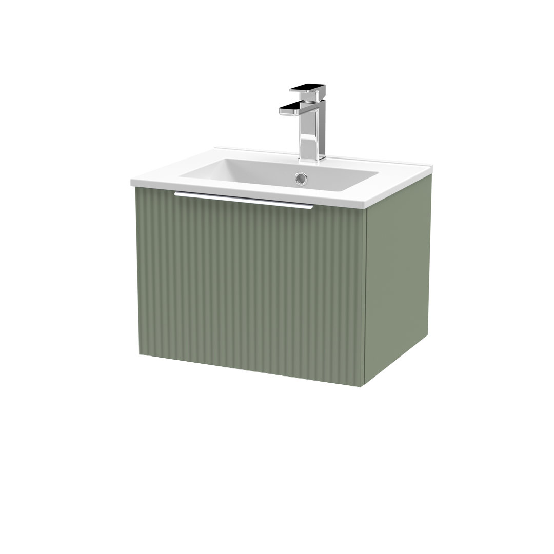 B&Q - Fluted Wall Hung 1-Drawer Vanity And Minimalist BasinContemporary Sink Vanity UnitSatin Green500mm - Image 2