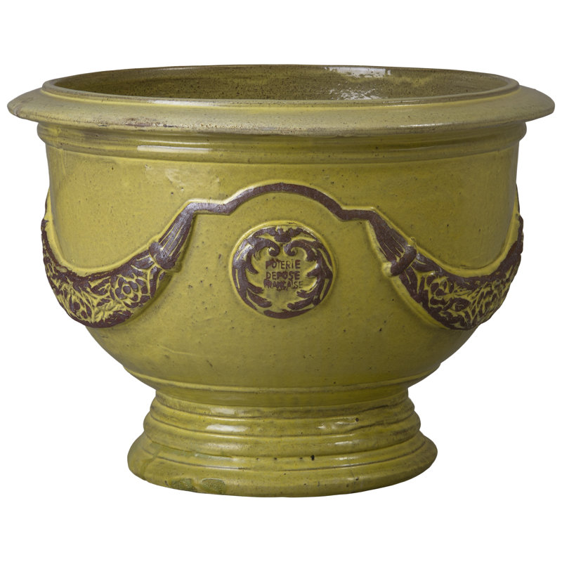 Anduze French Yellow Ceramic Round Planter with Drainage Hole, 20" H x 27" W x 27" D