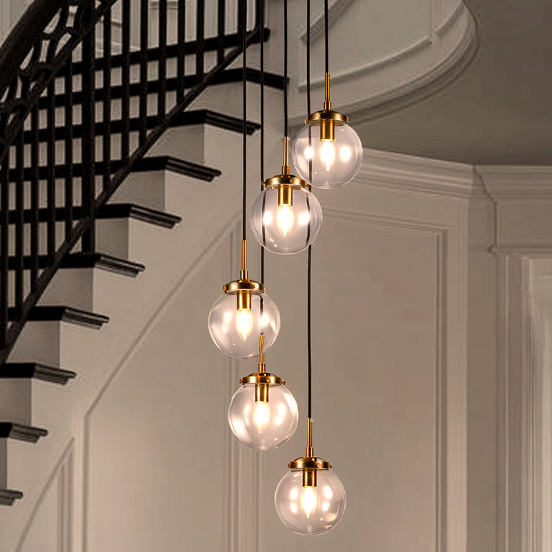 5-light Modern Globe Pendant Chandelier With Glass Shades For Stairwell Or Entryway, Clear, Antique Gold