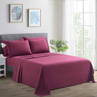 Marina Decoration Home Bedding Bedroom essentials Bedsheet Ultra Soft Silky Deep Pocket Solid Cooling Rayon from Bamboo All Season Pleated 6 Pieces Sheet Set with 4 Pillowcases, Burgundy Color Queen Size