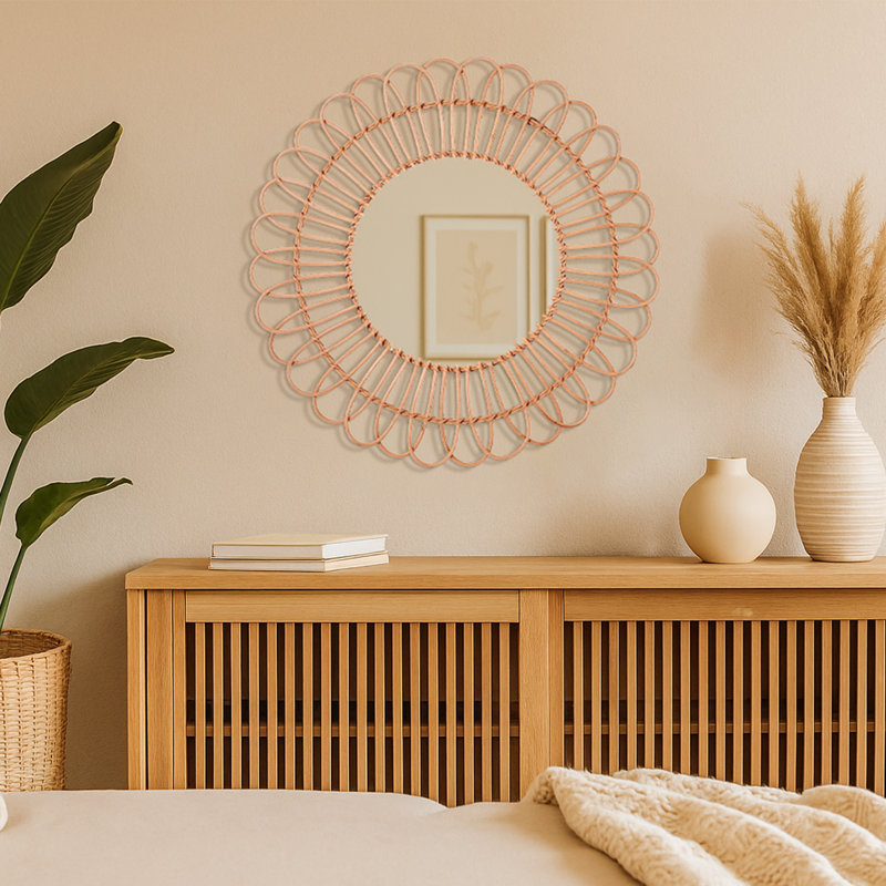 Miroir d'appoint mural tissé à la main en rotin 25,5 po Sunburst