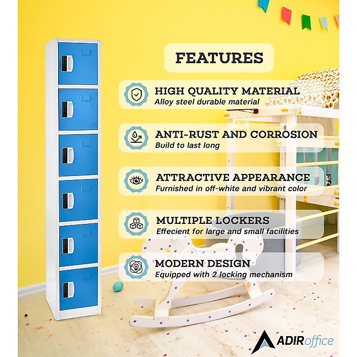 AdirOffice 72" Blue Steel 6-Tier Storage Locker with Digital Lock