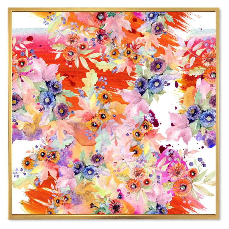 «Vibrant Wild Spring Leaves and Wildflowers VI», peinture sur toile, H 36 po x l 36 po x 1,5 po, Cadre flottant doré