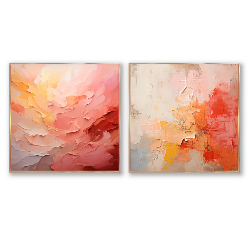 Gradient Grace Artistry - Ensemble de 2 collages abstraits carrés, Cadre flottant doré, H 36 po x l 73 po