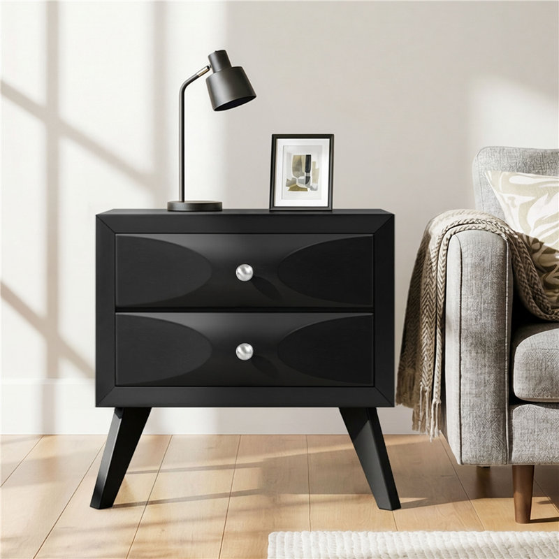 Klae Modern Vintage Solid Wood-Framed 2-Drawer Nightstand, Black