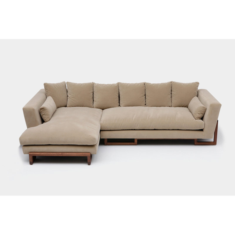 LRG Upholstered L-Shaped Sectional Left Hand Facing, Taupe, Back Side Tray, Solid Walnut