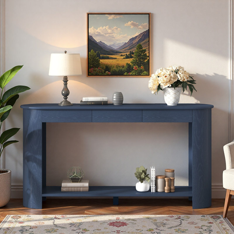 Console moderne avec 3 tiroirs, tablette inférieure ouverte et pieds semi-circulaires, Navy Blue