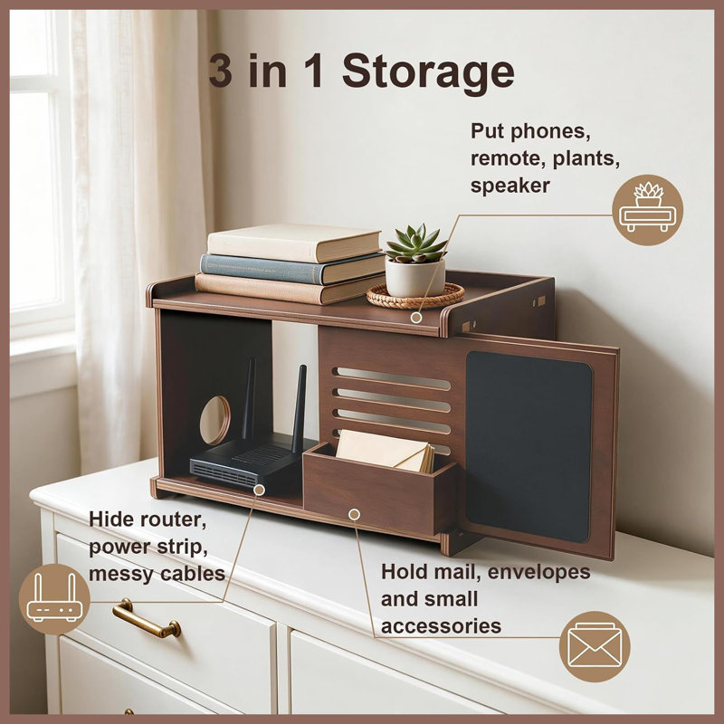 Boîtier mural en bois pour routeur WiFi avec rangement avant et tableau noir, tablette flottante pour routeur avec gestion des câbles