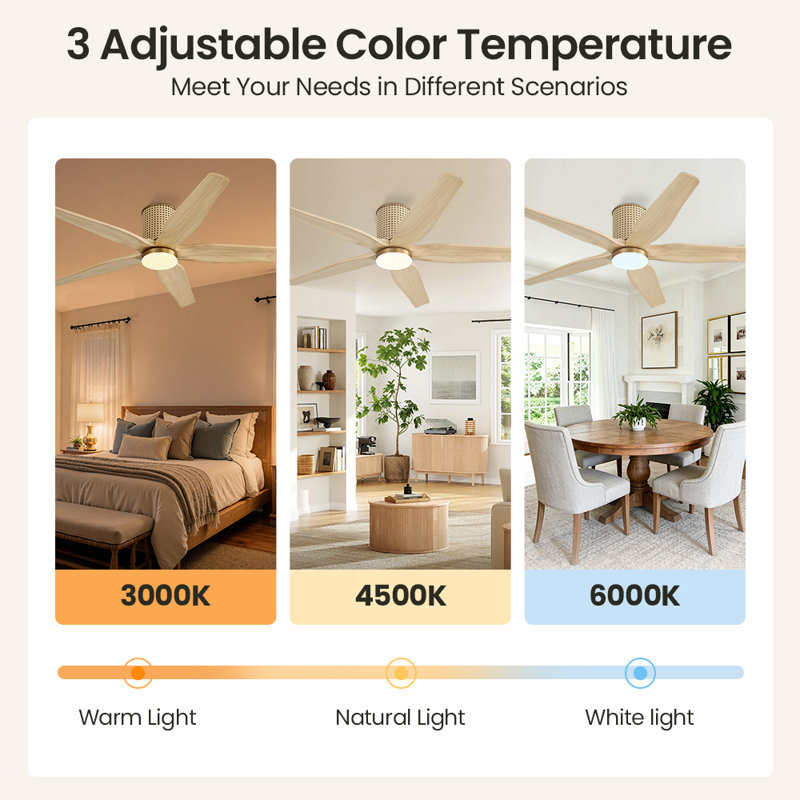 Ventilateur de plafond encastré de 54 po à 5 pales avec éclairage, pales en bois massif, télécommande, silencieux, moteur à courant continu réversible, pales en bois naturel