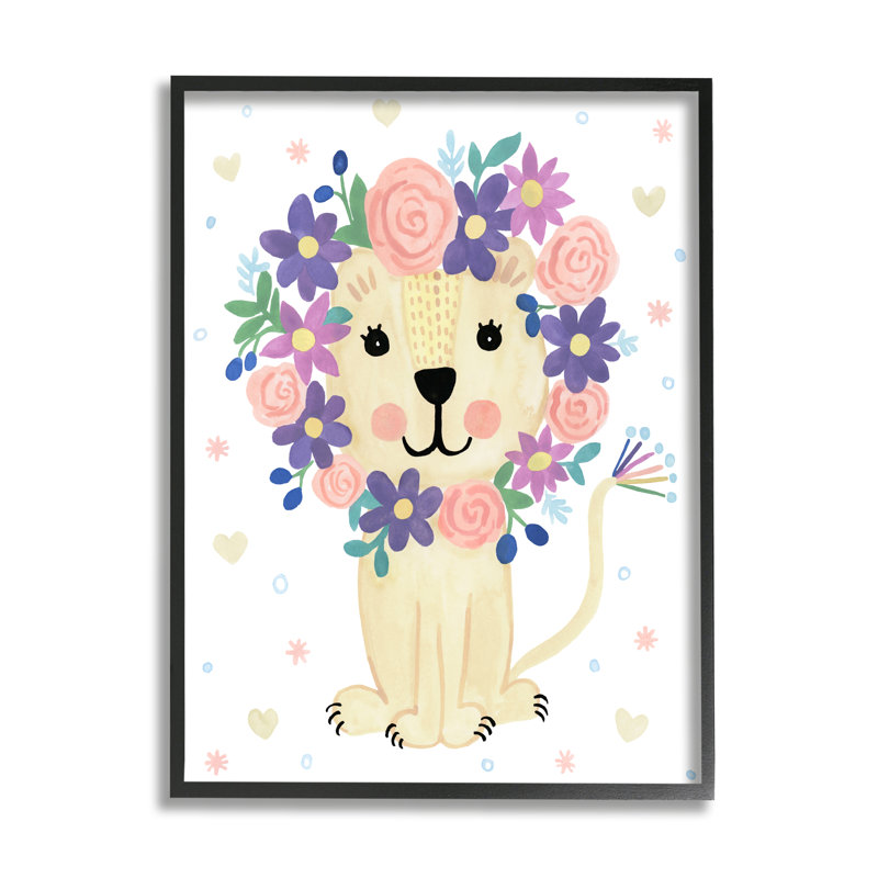Motif de cœur de crinière de lion floral rose et excentrique par Heather Strianese - Peinture, H 20 po x l 16 po, Cadre noir