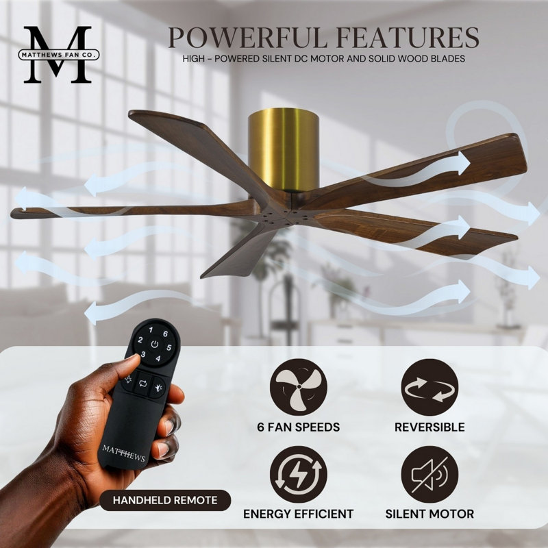 60" Irene 5-Blade Hugger Ceiling Fan with Wall Remote, Brushed Brass, 60", Walnut Tone
