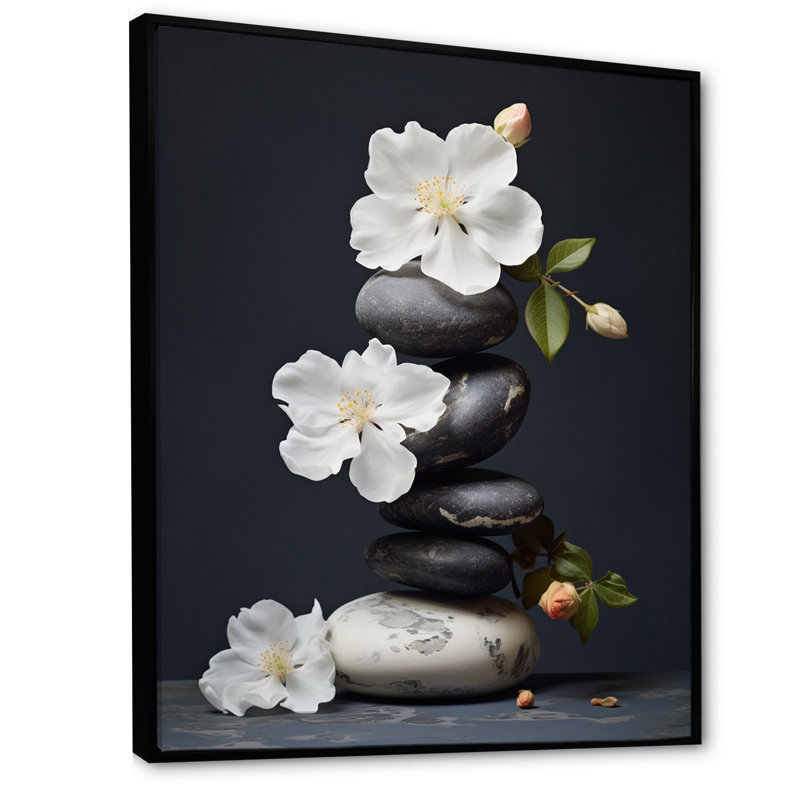 Décoration murale zen sérénité fleurs blanches pierre noire Cairn I - Pierre spirituelle, H 32 po x l 16 po x P 1 po