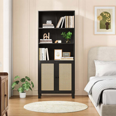 Bookcase with Rattan Doors,5 Tier Storage Wood Shelves by Dovecove
