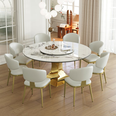 59" Round Sintered Stone Dining Table Set with Gold Stainless Steel Hourglass Base & 8 White Padded Chairs - Modern Luxury Marble-Look Kitchen Table f