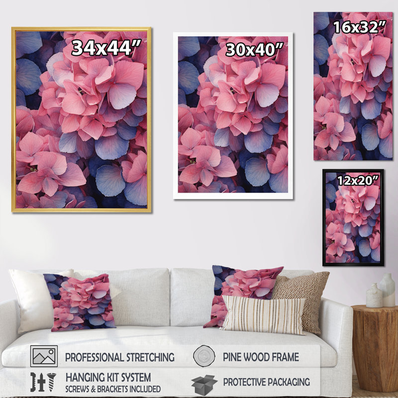 Fleurs roses et bleues d'hortensias sur toile, H 44 po x l 34 po x P 1 po, Toile tendue