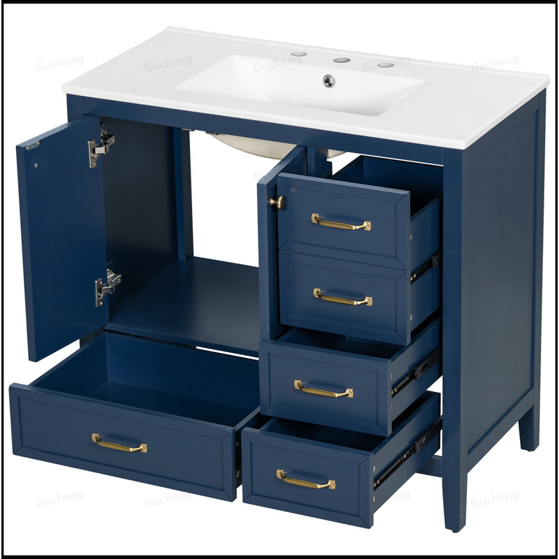36"Solid Wood Frame Bathroom Vanity With 4 Drawers, Navy