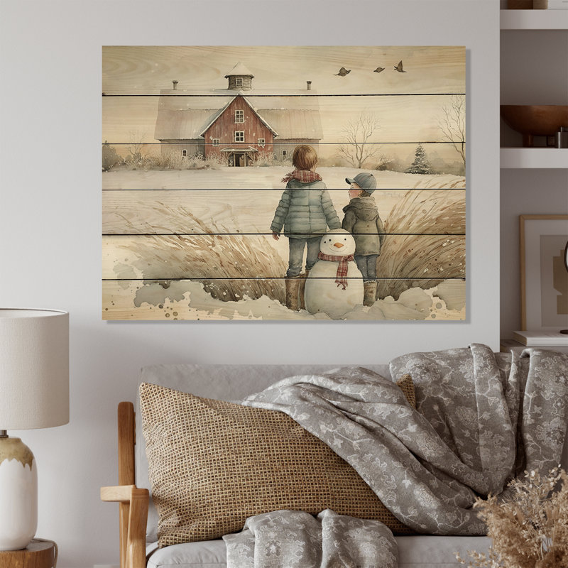 Enfants jouant dans la neige I - impression sur bois sans cadre, H 24 po x l 32 po x P 1 po