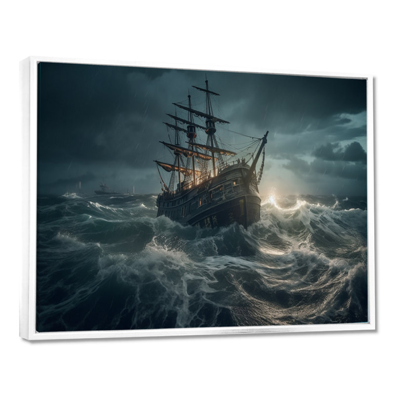 «Ship In The Middle Of A Storm I», reproduction d'art sur toile, H 30 po x l 40 po x P 1,5 po, Cadre flottant blanc