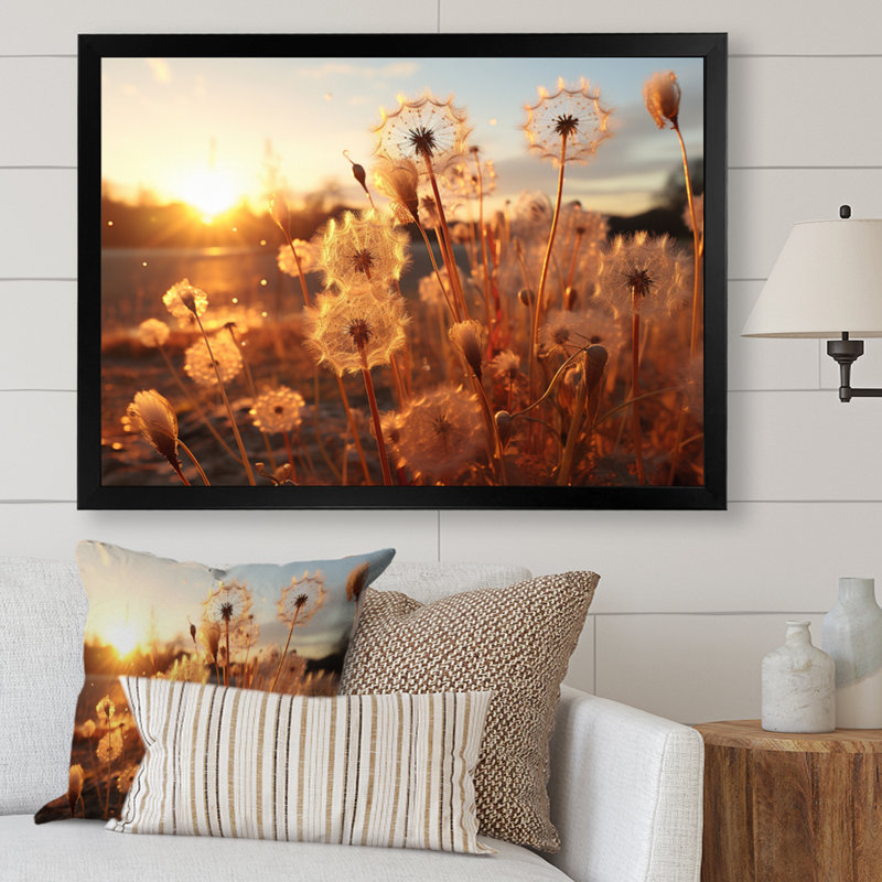 Coucher de soleil pissenlit champ II - art mural floral salon, H 12 po x l 20 po x P 1 po, Cadre photo noir