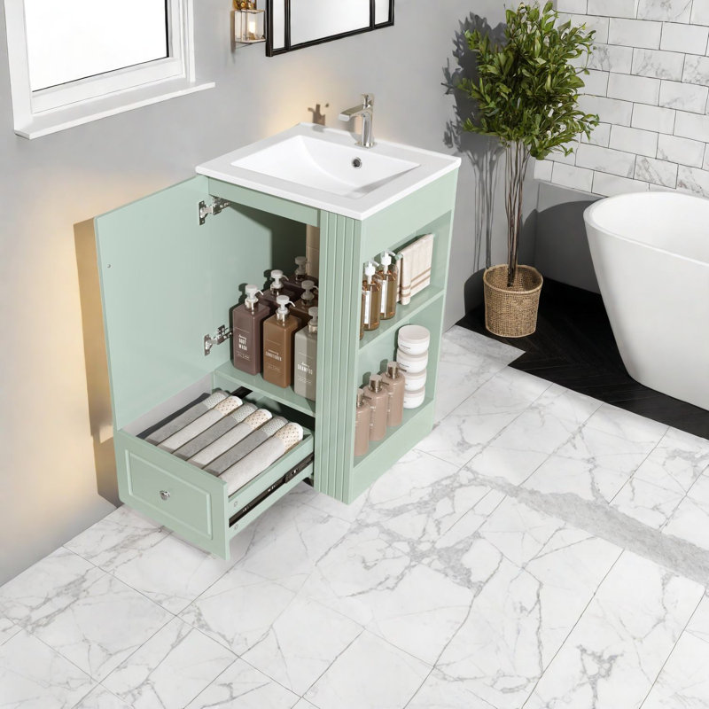 Meuble-lavabo compact et moderne avec lavabo en céramique, bois et rangement en MDF pour la salle de bain